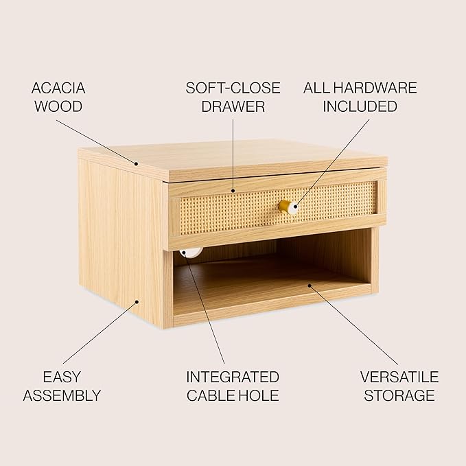 JONATHAN Y NST2000B Celerie 15.71" Mid-Century Modern Floating Wall Mounted Nightstand with Soft-Close Rattan Drawer and Cable Hole, Light Oak
