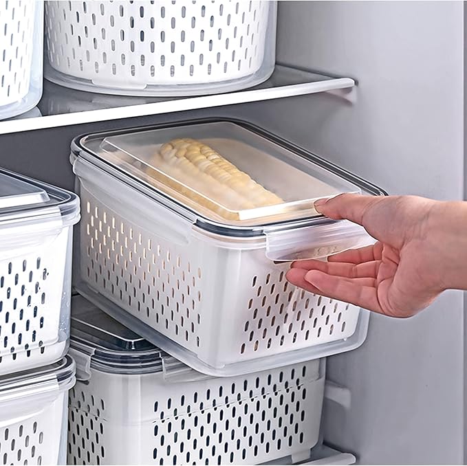 4 Pack Large Fridge Food Storage Container Set with Lids with Strainer, Fruit Vegetable Storage Containers Keep Fruits, Vegetables, Berry, Meat Fresh longer , BPA-Free Plastic Produce Keepers