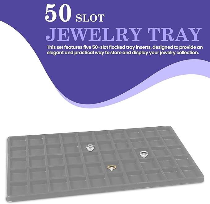 Novel Box 5 Pack 50-Slot Gray Liner Jewelry Storage Tray Inserts 14.75x8.25x1 Inches - Jewelry Organizer Pad for Drawers & Store Displays - Jewelry Display Pads for Rings Earrings & Pendants