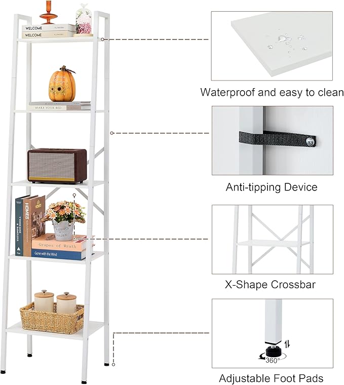 Hoctieon 5-Tier Industrial Ladder Bookshelf, Narrow Ladder Shelf, Tall Standing Bookshelf, Skinny Open Ladder Shelf, for Living Room, Home Office, Kitchen, Bedroom, Metal Frame, White