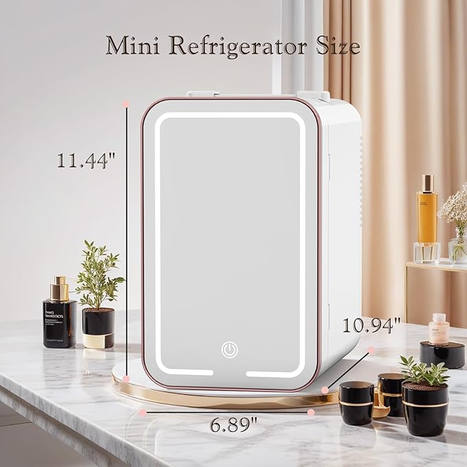 Mini Fridge for Bedroom, 6L/10 Can Skincare Fridge with Dimmable LED Light Mirror for Dorm & Office, Portable Cooler & Warmer Small Compact Refrigerator for Skincare, Makeup and Cosmetics, White