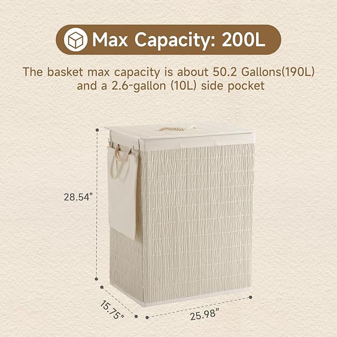 Laundry Hamper with Lid, 52.8 Gallon(200L) Large Laundry Basket 2 Removable Liner Bags, Synthetic Rattan Clothes Hamper with Side Pocket, laundry organization for bathroom, laundry room, White