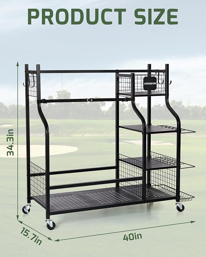 Golf Bag Storage Organizer Rack for Garage, 2 Golf Bag Stand with Rolling Wheels, Heavy-Duty Metal Golf Equipment Organizer for Home, Garage, Clubhouse