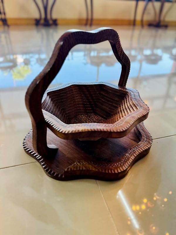 Handmade 14″ Collapsible Wooden Basket, Single Bowl Flower Design in Himalayan Rosewood, Fruit Basket, Bread Bowl & Trivet, Folds Flat for Easy Storage – Unique Centerpiece & Gift
