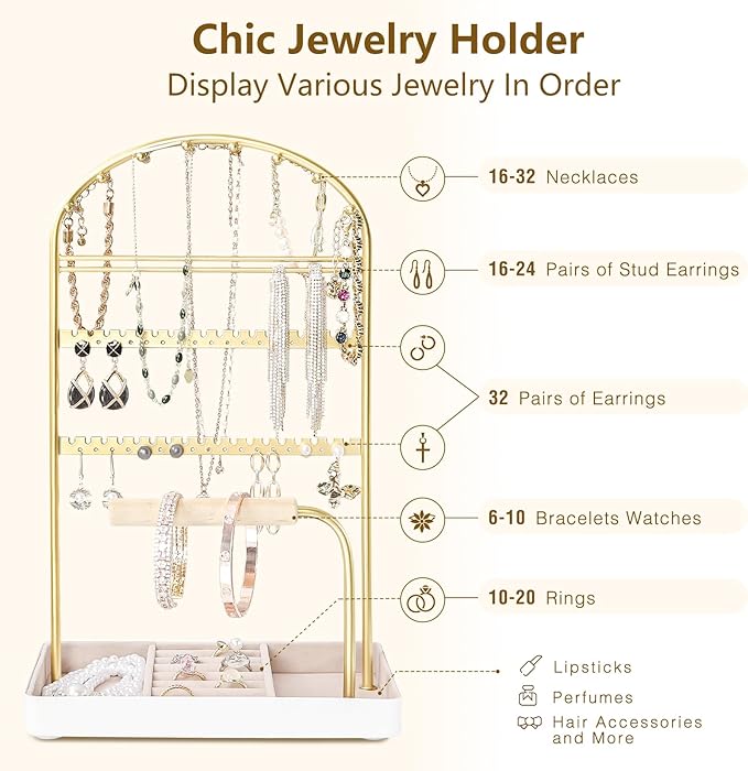 Multi-Functional Jewelry Holder Organizer Necklace Display Stand Velvet Lined Bar for Rings 2 Tier with 18 Hooks, 32 Earring Holes - Sturdy and Durable, Easy Organization White & Gold