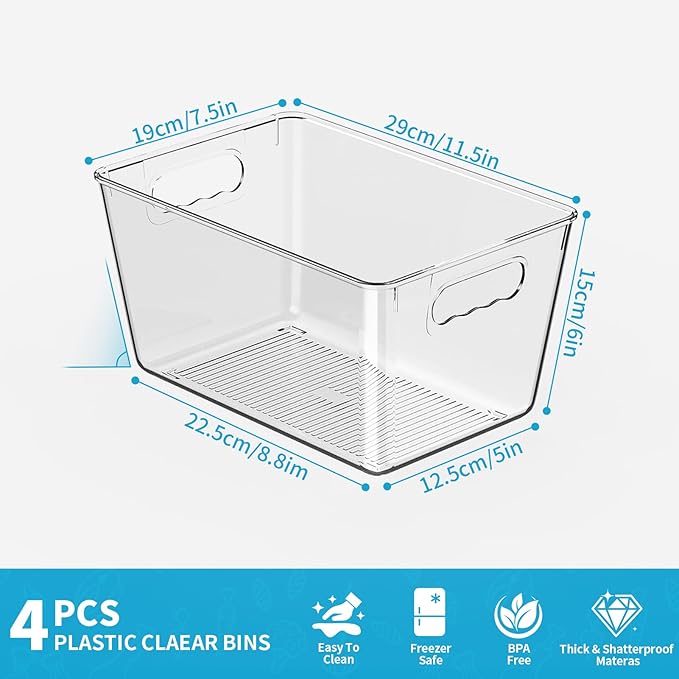 Clear Plastic Storage Bins, 4 Pack Pantry Organizers & Storage Containers, Cabinet Organizer, Home Organization Must Haves for Kitchen, Laundry Room, Office, Closet & Freezer