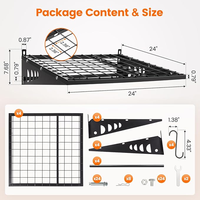 Garage Shelving 2x2ft 4-Pack, Garage Storage Rack 24"x24" Metal Shelves Black Wall Mounted with rods & 4 Hooks, Heavy Duty Wall Shelving Floating Shelves, 880lbs Total load Capacity