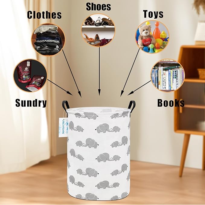 LANGYASHAN Storage Bin, Canvas Fabric Collapsible Organizer Basket for Laundry Hamper,Toy Bins,Gift Baskets, Bedroom, Clothes,Baby Nursery (Full Love Elephant)