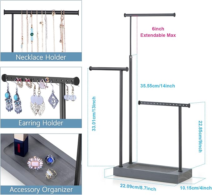 SRIWATANA Jewelry Organizer Display Extra Tall Necklace Holder 3 Tier Jewelry Tree Stand, Gift Idea (Weathered Grey & Black)