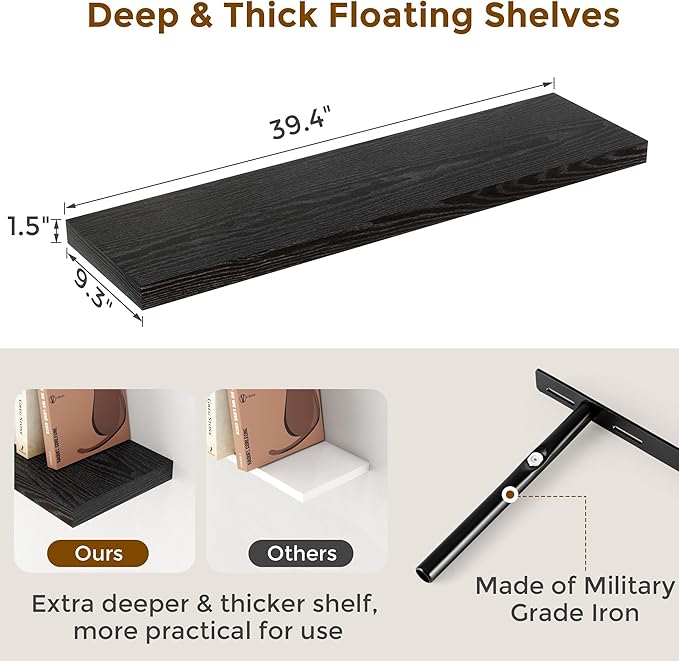 Fun Memories 40 Inch Floating Shelves Black, 40" W x 9.3" D Floating Shelf Set of 2, Farmhouse Wood Wall Shelves for Bedroom, Kitchen, Wall Mounted Deep Shelving for Home Decor