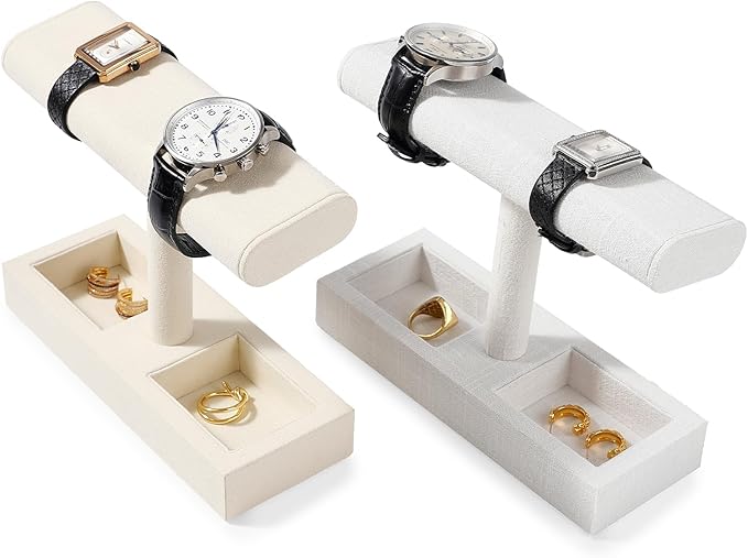Oirlv Linen T-Bar Watch Display Stand Jewelry Display Props Jewelry Organizer Holder for Watch Bracelet Ring Earrings (Creamy-white,Linen)