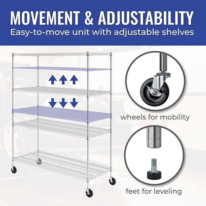 SafeRacks WS-602472-ZW4 NSF Certified 4-Tier Heavy Duty Wire Rack Storage Shelves with Wheels & Adjustable Feet, 24"x60"x72", Silver