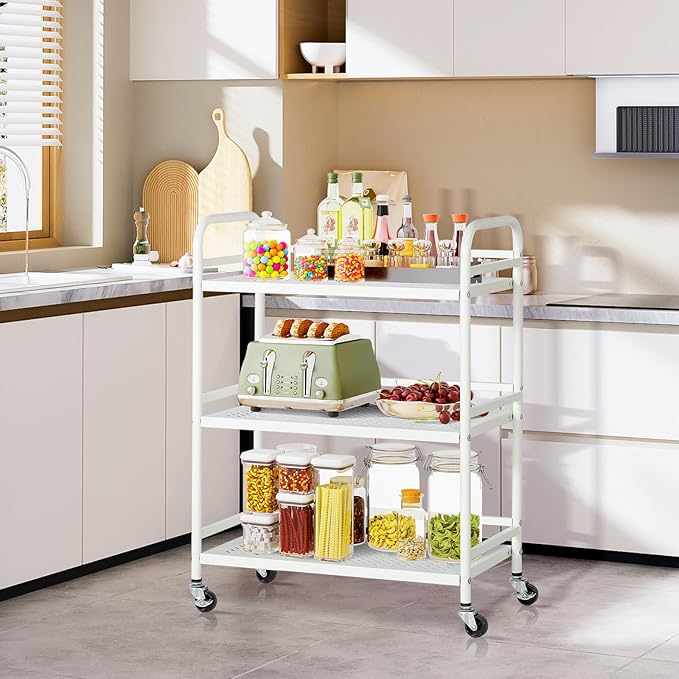 HDANI 3 Tier Metal Rolling Heavy Cart Supports 40 Lbs Per Tier,Mesh Rolling Cart with 2 Lockable Wheels for Office,Home,Bedroom,Kitchen,Bathroom(White)