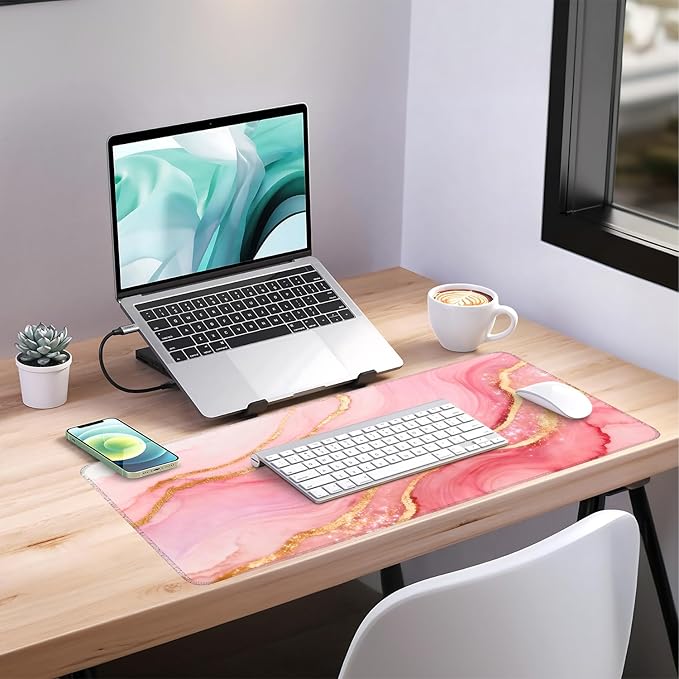 Pink and Gold Stripes Gaming Mouse Pad 35.4"x15.7"Desk Mat Anti-Slip Rubber Base & Durable Stitched Edges for Gamers Smooth Mouse Writing Surface for Desk Office/Home
