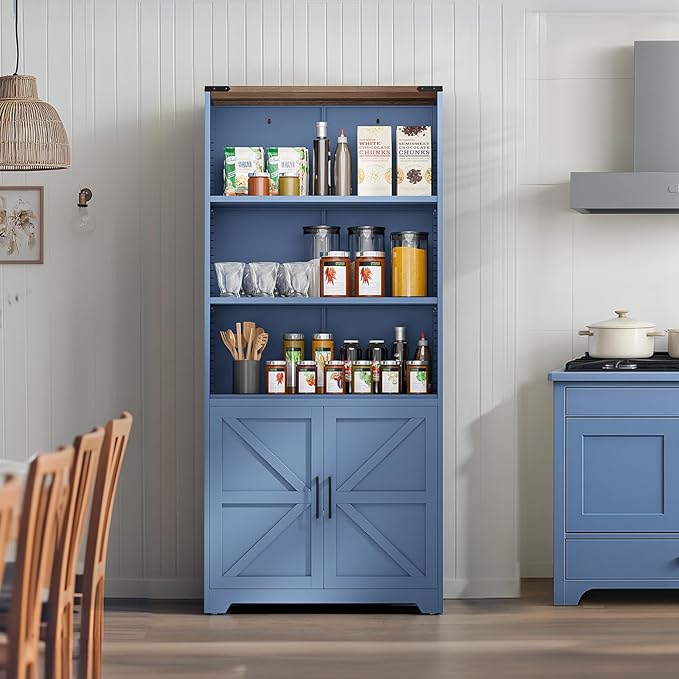 VINGLI Blue Bookcase with Doors and Adjustable Shelves, Steel 70" Tall Bookshelf Display Cabinet, 6-Tier Tall Farmhouse Metal Storage Cabinet for Study, Living Room, Home Office, Kitchen Pantry