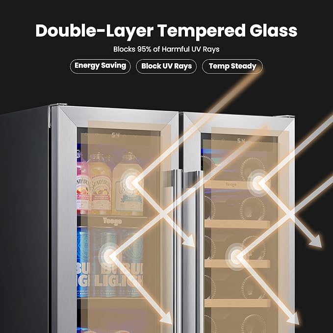 Yeego Wine and Beverage Refrigerator - 24 Inch Dual Zone Wine Fridge 60 Can & 20 Bottle, 36-72°F Cooler Built in Under Counter Fridge with Glass Door for Beer Soda Drink Home Bar Office