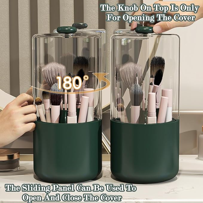 Makeup Brush Holder with Dustproof Cover, Clear 360 Rotating Make Up Brushes Organizer for Counter Vanity Bathroom, Olive Green