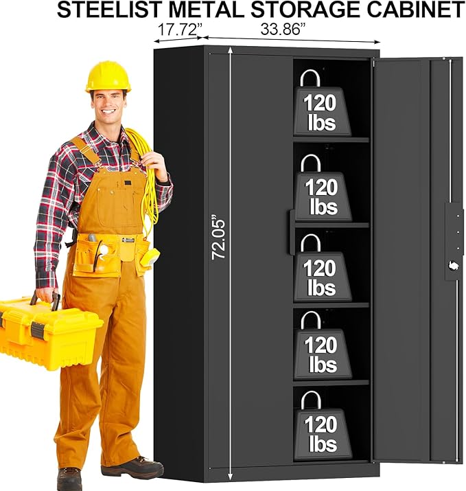 Metal Tall Storage Cabinet, Black Storage Cabinets with Doors and Shelves, 72" H File Cabinet with 4 Adjustable Shelves, Heavy Duty Locking Cabinets for Home, Office, School