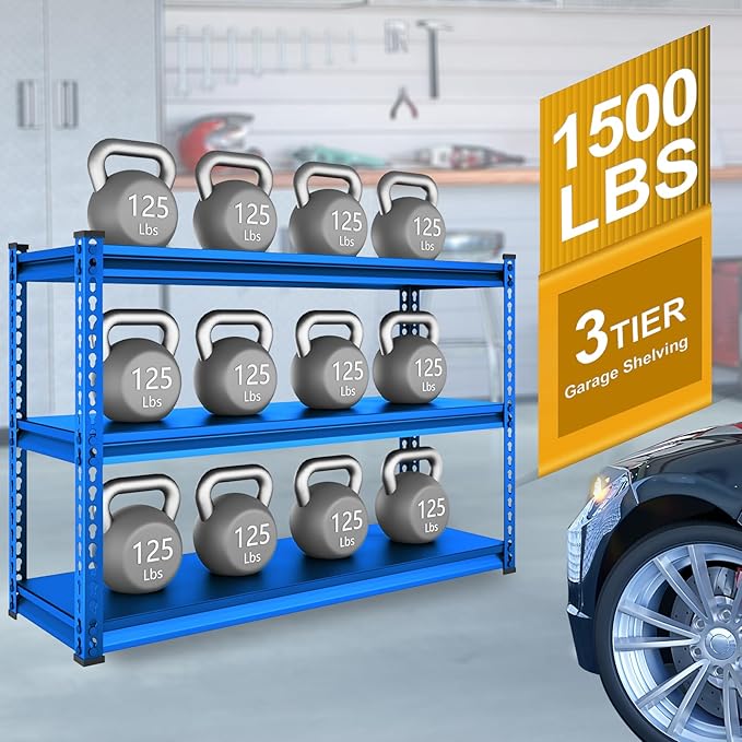 48" W Garage Shelving Heavy Duty, 1500LBS Loads Adjustable Garage Storage Shelves, 3-Tier Metal Shelving Units and Storage Racks, Industrial Utility Shelf,48" Wx18 Dx39 H, Blue