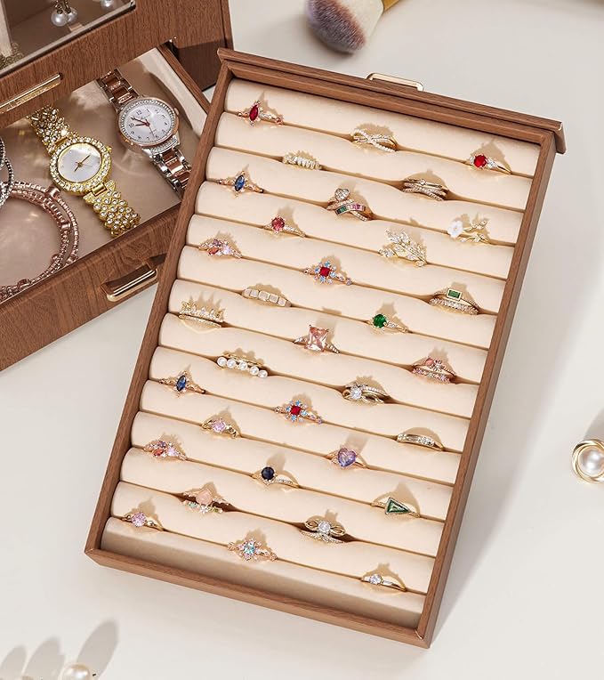 Homde Jewelry Organizer with Transparent Window Necklace Hooks Gift for Women Jewelry Box Display Case for Necklaces Rings Earrings Bracelets and Other Accessories (Brown)