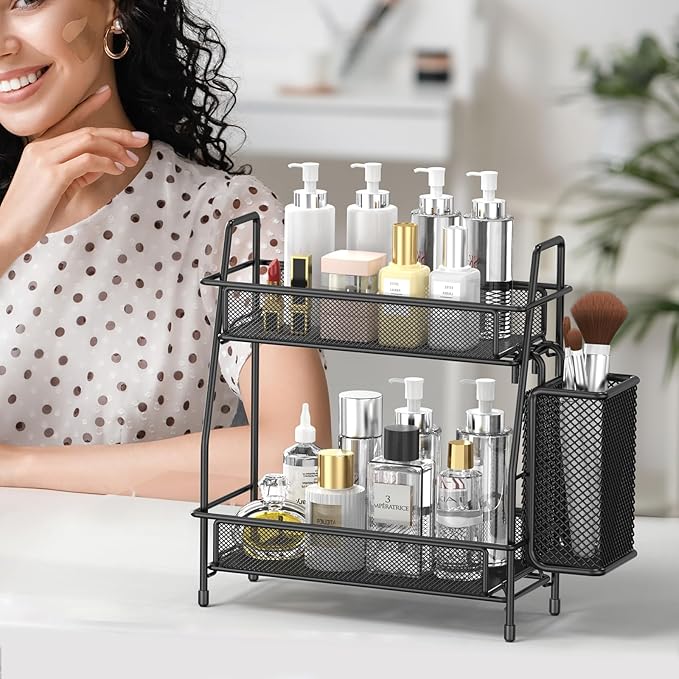2-Tier Bathroom Counter Organizer, Bathroom Organizer Countertop with Side Basket, Kitchen Countertop Organizer, Metal Spice Rack Organizer, BLACK..