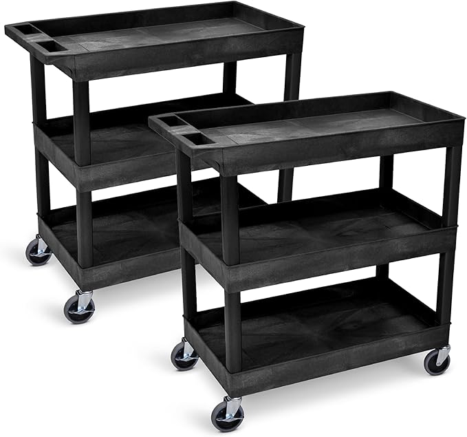 Tubstr 3-Tier Rolling Utility Cart 2-Pack | Each Supports up to 300 lbs. Heavy-Duty Shelf Cart for Garage Storage, Office Spaces, & Kitchen Use | Durable Tool Cart with Locking Wheels (Black, 32 x 18)