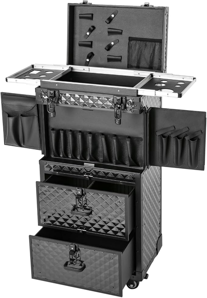 Rolling Makeup Case, Beauty Salon Cosmetic Luggage Travel Organizer with Combination Locks, with 4 Storage Compartments and Wheels for Barber, Travel Makeup Hair Styling