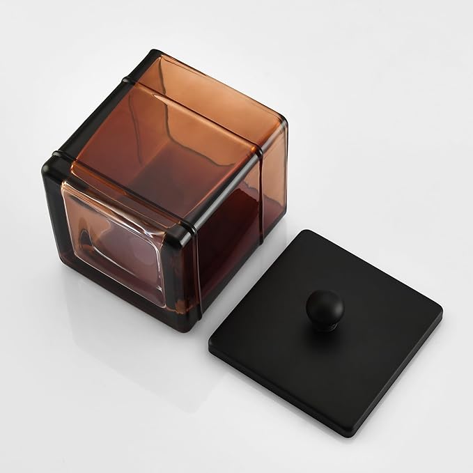 Amber Glass Cotton Jar Holder – Black Lid Elegant Bathroom Storage Canister for Qtips, Cotton Balls, Floss, Makeup Organizer, Vanity & Bathroom Organization