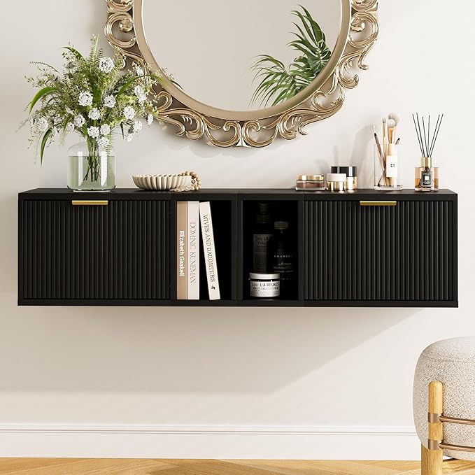 Masupu Floating Nightstand, Wall Mounted Floating Bedside Table with Storage Drawer and Open Shelf, Modern Bedroom Nightstand, 19.3" x 11.4" x 10", Black