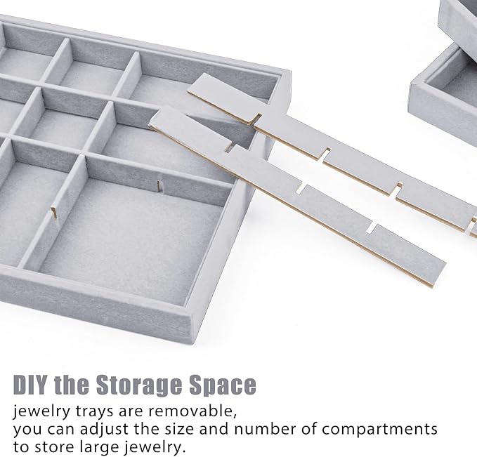 Lainrrew Jewelry Tray, 4 Pack Jewelry Organizer Velvet Jewelry Tray Stackable Jewelry Trays, Necklace & Earring Holder, Divided Bracelet & Ring Storage, 13.8"x9.5"x1.2" - Elegant Display Case (Gray)