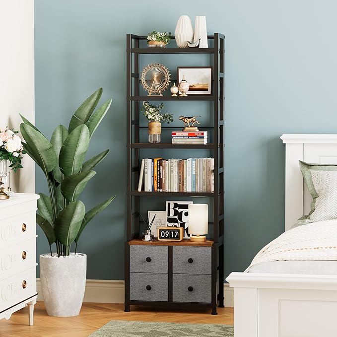 5 Tier Bookshelf, Modern Bookcase with Bookends and 4 Drawers Storage Organizer, Metal Industrial Display Shelf, Free Standing Storage Shelving Unit for Bedroom, Living Room and Home Office
