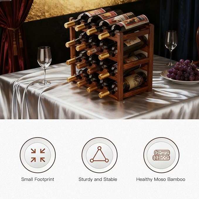 Wine Rack Freestanding Floor, Bamboo Wine Racks Cabinet Shelf 4-Tier 16 Bottles Freestanding Wine Bottle Holder, Retro Minimalist Home Decor Wine Display Rack for Cabinet Countertop
