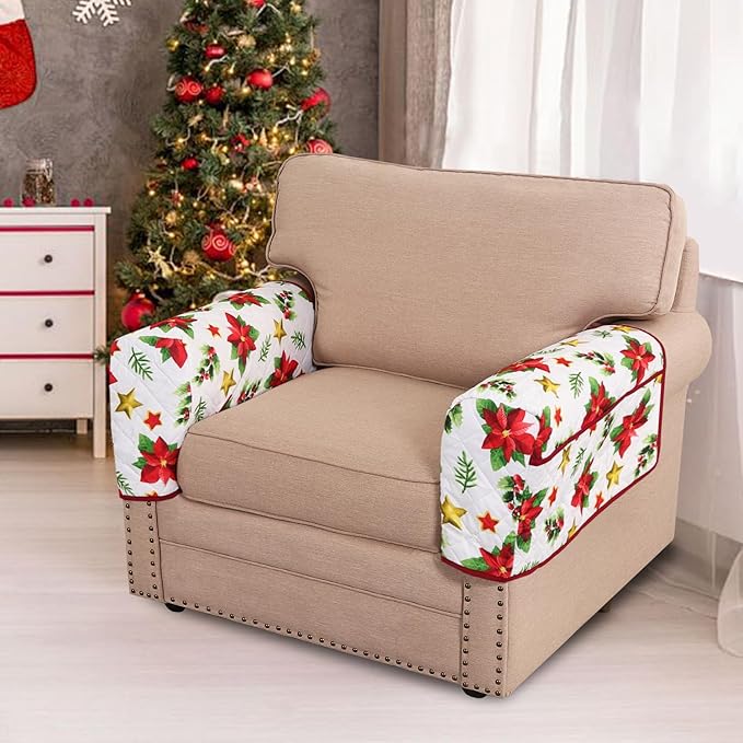 H.VERSAILTEX Christmas Couch Arm Covers Water Resistant Armrest Covers for Sofa Remote Control Holder Sofa Armrest Organizer for Magazine, Tablet, Phone, iPad(Set of 2, Red Poinsettia/Beige)