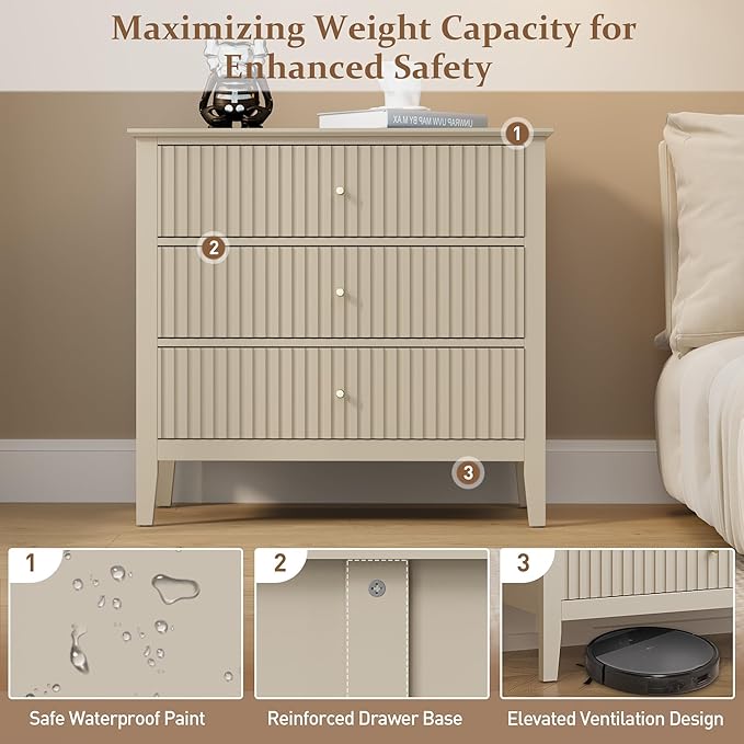 RoyalCraft Large 3 Drawer Dresser Set of 2, Fluted Wood Drawers for Bedroom, Modern Painted 30 inch Wide Nightstand for Bedroom, Entryway, Beige