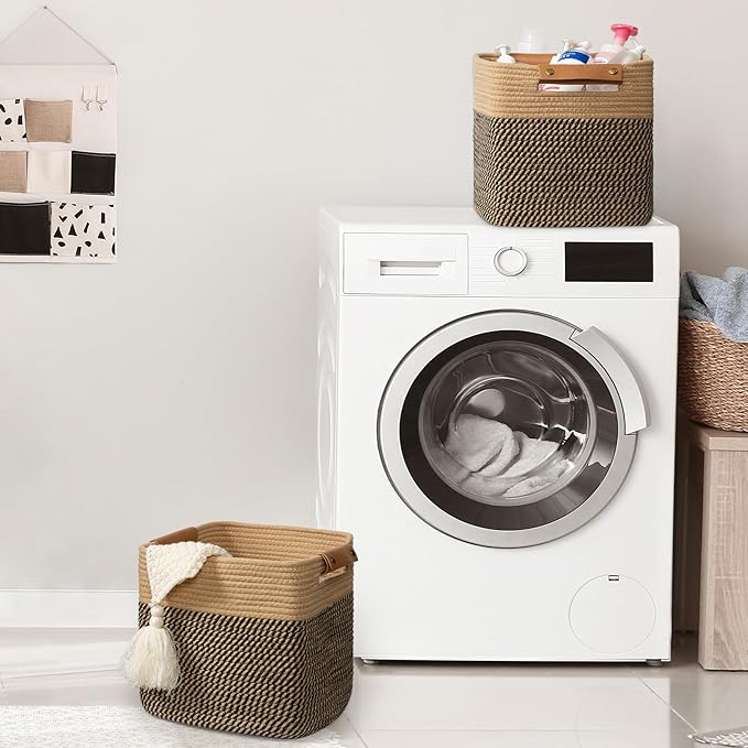 danpinera 3-Pack Cotton Rope Baskets for Storage, 11"x11" Cube Storage Cubes Store Towel, Snack, Storage Bins with Reinforced Stitching & Practical Handles, Black & Brown