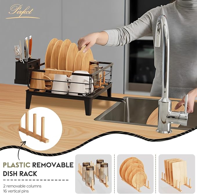 JYPS Dish Drying Rack for Kitchen Counter Decor with Drainboard Auto-Drain，Rustproof Dish Rack Drainers with Utensil Holder, Wooden Handles，360° Rotatable Drainer, Higher Legs (Black)