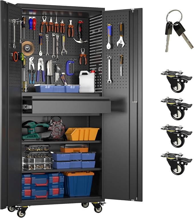 Metal Garage Cabinet with Wheels,71''H Rolling Lockable Steel Tool Cabinet with Pegboard & 1 Drawer for Garage,Home,Office Assembly Required,Black