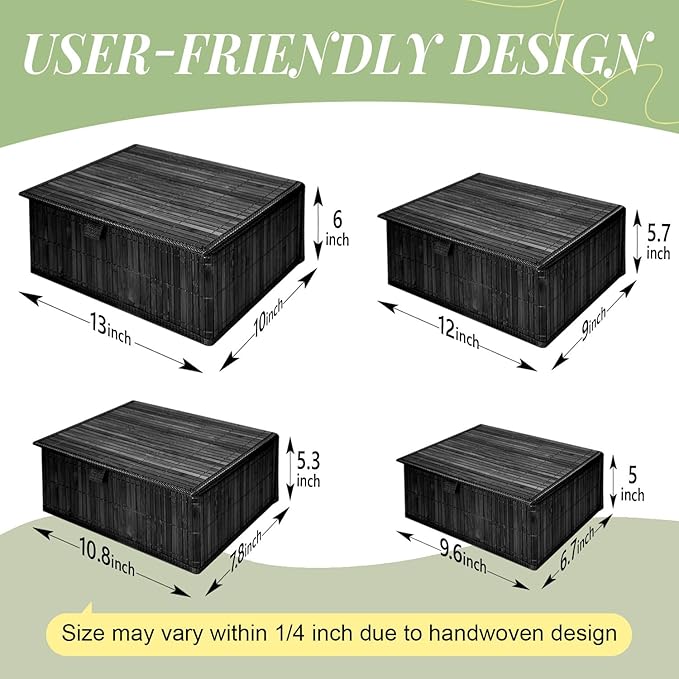 Wicker Basket With Lid Bamboo Storage Box for Shelf Bamboo Decor Storage Boxes With Lids-Rectangle Decorative Basket With Lid Organizer for Bedroom,Living Room (Set of 4,black)