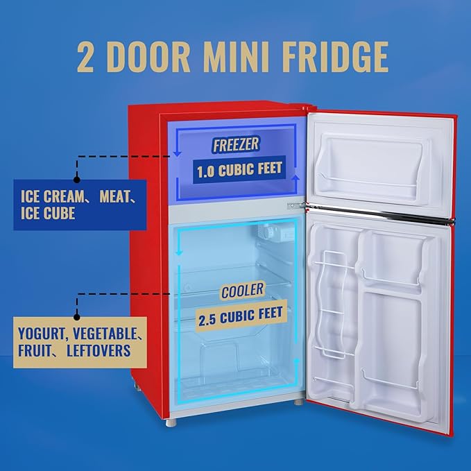3.5 Cu.ft Refrigerator with Freezer Double Door Red Fridge Adjustable Glass Shelves, Plastic Crisper,7 Level Temperature Control Fridge for Dorm, Office, Apartment