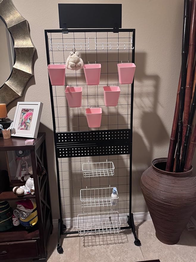 6' x 2' Ft Grid Wall Panel, Pegboard Gridwall Display Stand with Notice board, Sturdy Floorstanding Wire Grid Rack, Movable Silent Wheel for Home Organization Retail Trade Art Craft Show Vendor