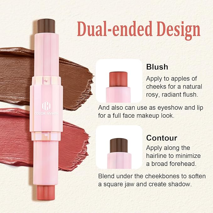 Color Nymph Blush Contour Stick, Double-end Cream Blush & Contour Makeup Stick Multiuse Blusher with Butter Bronzer For Cheeks Eyes Lip Matte Texture Silky-Smooth - 04# Coffee Cherry