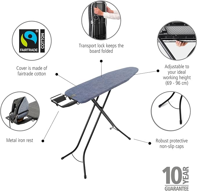 Brabantia Size A Compact Small Ironing Board (43x12 in) 7 Height Options, Adjustable Steam Iron Rest Holder (Denim Blue) Non-Slip Feet, Anti-Collapse Child Locks