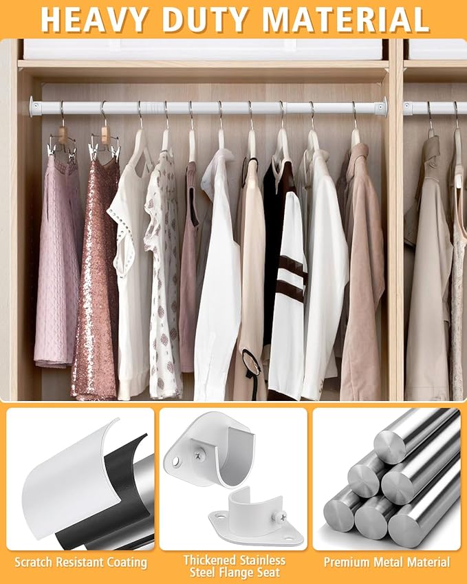 Closet Rod, 17 to 52 Inch Heavy Duty Adjustable Metal Clothing Rack for Hanging Clothes, Closet Poles for Wardrobes, Laundry, Durable Steel, White