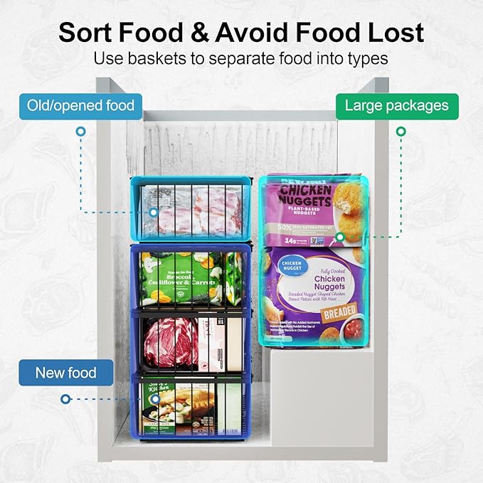 iSPECLE Chest Freezer Organizer - 3 Pack Stackable Deep Freezer Organizer Bins for 5 Cu Ft Freezer Sort Frozen Food, Freezer Organizer Bins Get Food Easily with Handle Add Storage Space, Black