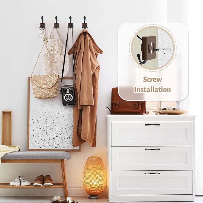 VIS'V Wooden 3 Prong Coat Hooks, Wall Mount, Heavy Duty, Brown, 4 Pcs