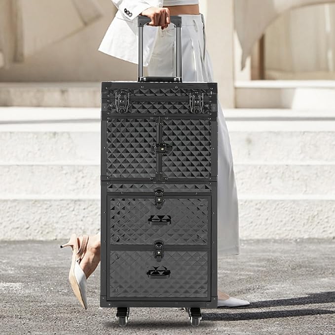 Rolling Makeup Case, Beauty Salon Cosmetic Luggage Travel Organizer with Combination Locks, with 4 Storage Compartments and Wheels for Barber, Travel Makeup Hair Styling