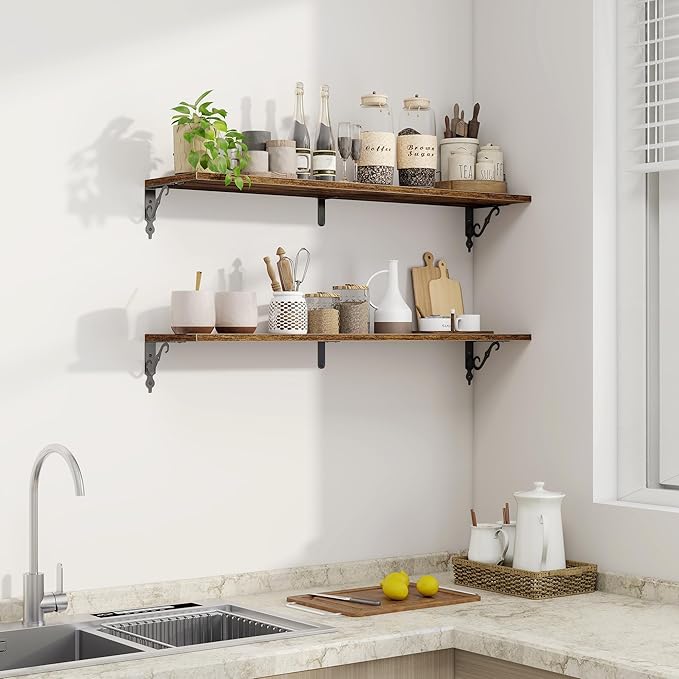 Fun Memories 40 Inch Floating Shelves Wall Mounted, 8 Inch Deep Wall Shelves with Bracket, Rustic Hanging Bookshelf, 40" Bookshelves for for Living Room, Kitchen and Bedroom, Rustic Brown, Set of 2