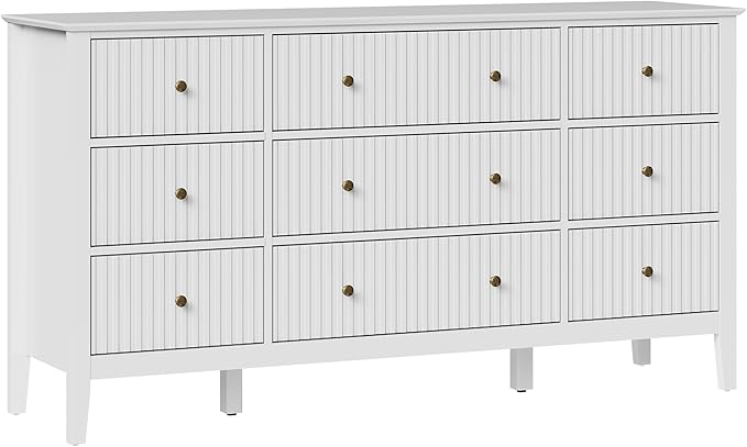 RoyalCraft White Dresser for Bedroom with 9 Drawers, Fluted Painted Wood Chest of Drawers, Modern TV Stand Storage Cabinet for Living Room, Hallway