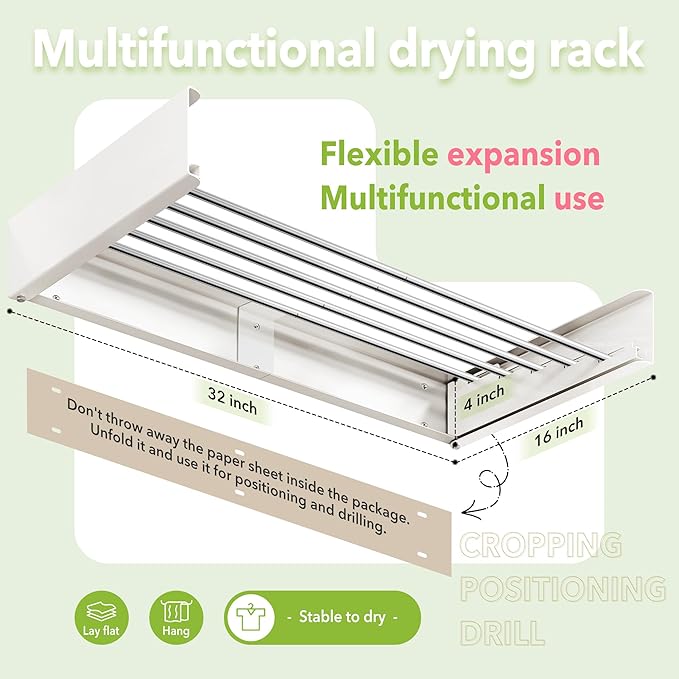 Wall Mounted Clothes Drying Rack 32 inches,Foldbale Laundry Drying Rack Wall Mount,Drying Rack Clothing Space Saver,Retractable,Collapsible,Folding Laundry Rack,White
