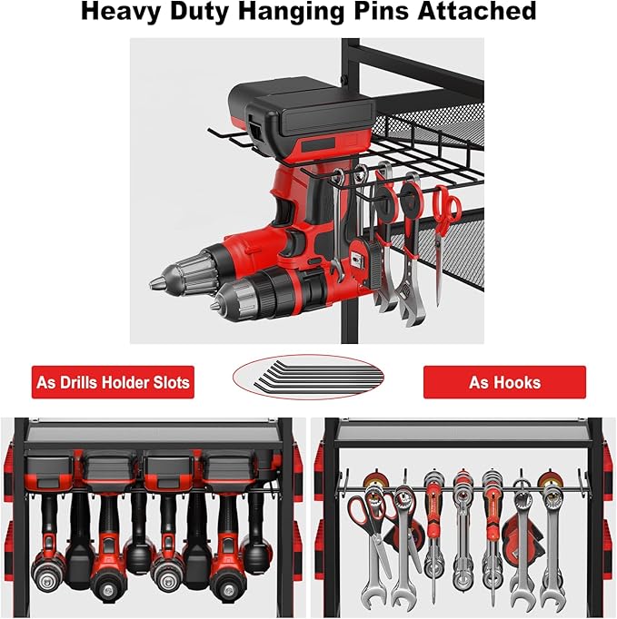 JUNNUJ Garage Large Power Tool Organizer Cart with 20A Charing Station, Heavy Duty Drill and Tools Battery Holder Storage Rack, Floor Standing Rolling Tool Cart on Wheels, Red